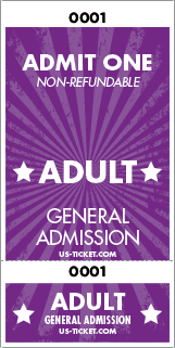 Admit One Adult Roll Ticket - 2 Part Admission Style Purple