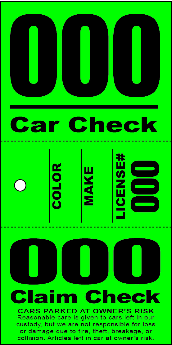 3 Part Valet Ticket - Colored Stock