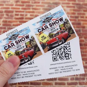 2x4 marquee-style admission tickets to a car show wherein attendees are automatically entered into a raffle. On the backside there's a QR code for the event's website