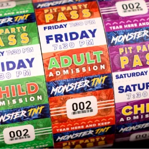 2x4 admission roll tickets for a monster truck shown in three different color varieties