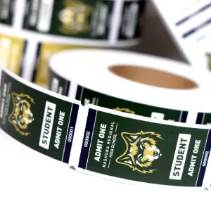 Various colored rolls of 2x4 athletics admission roll tickets featuring a wolf mascot