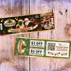 2x6 2-part roll tickets for general admission to Christmas festival activates. The design features Santa and the Grinch on the front side and a coupon for the gift shop on the back side