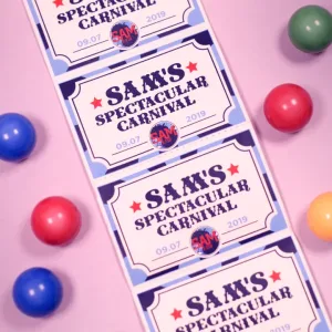A strip of 2x3 carnival tickets featuring a bold ornamental font