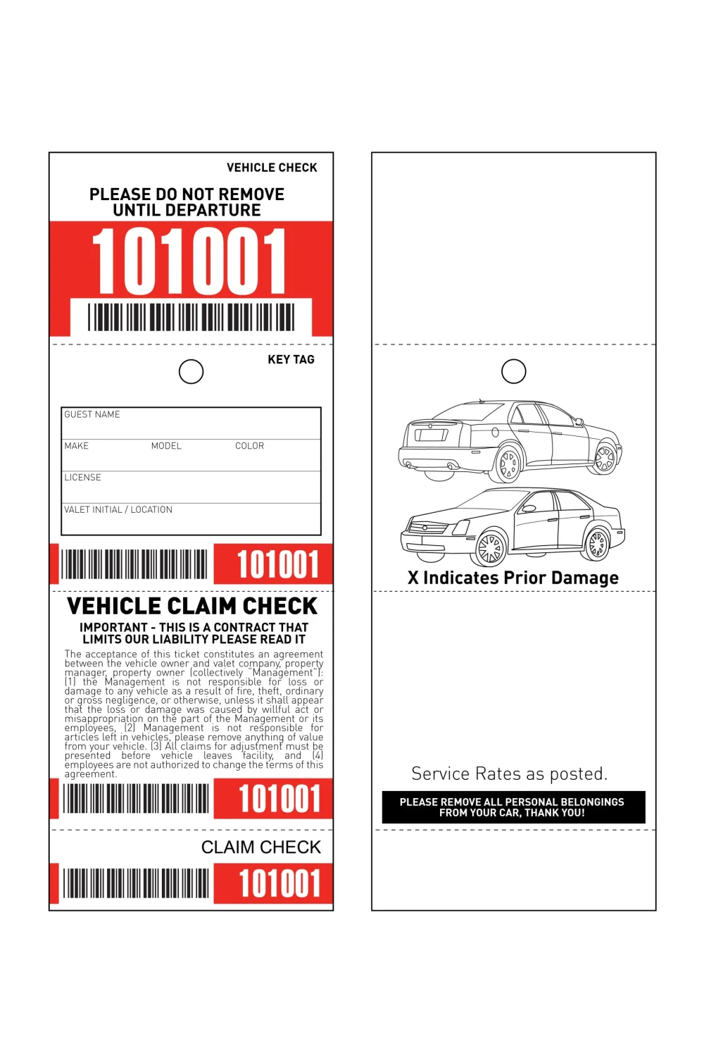 4 Part Barcoded Valet Ticket (3in x 8in)